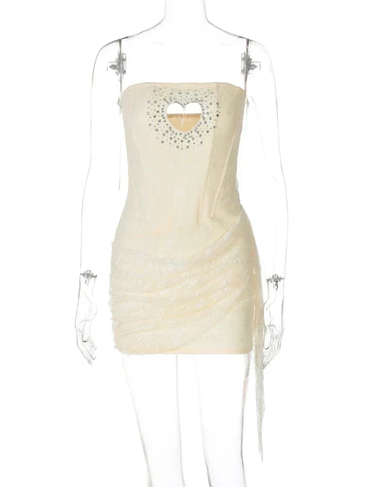 Lace Heart Cutout Rhinestone Trim Strapless Corset Mini Dress