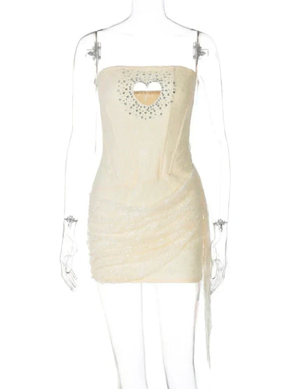 Lace Heart Cutout Rhinestone Trim Strapless Corset Mini Dress
