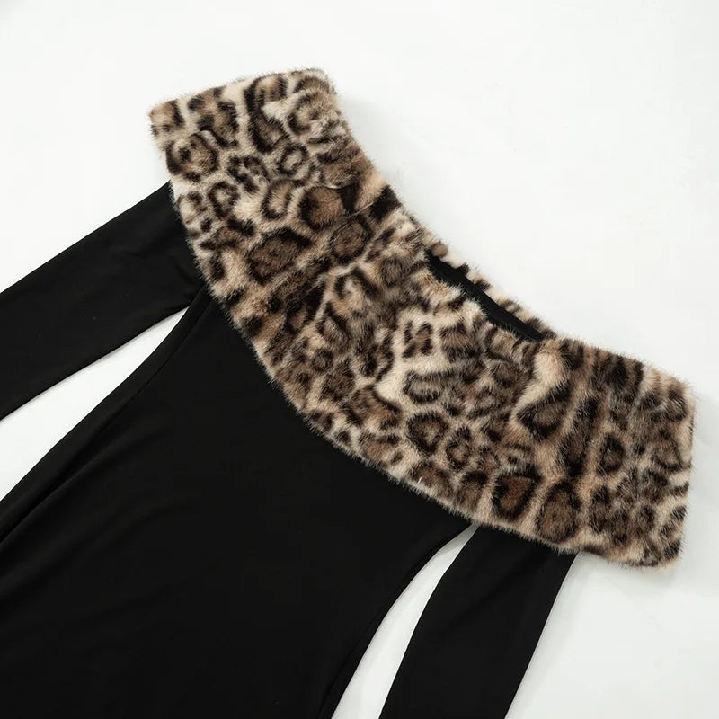 Off Shoulder Long Sleeve Faux Fur Trim Maxi Dress