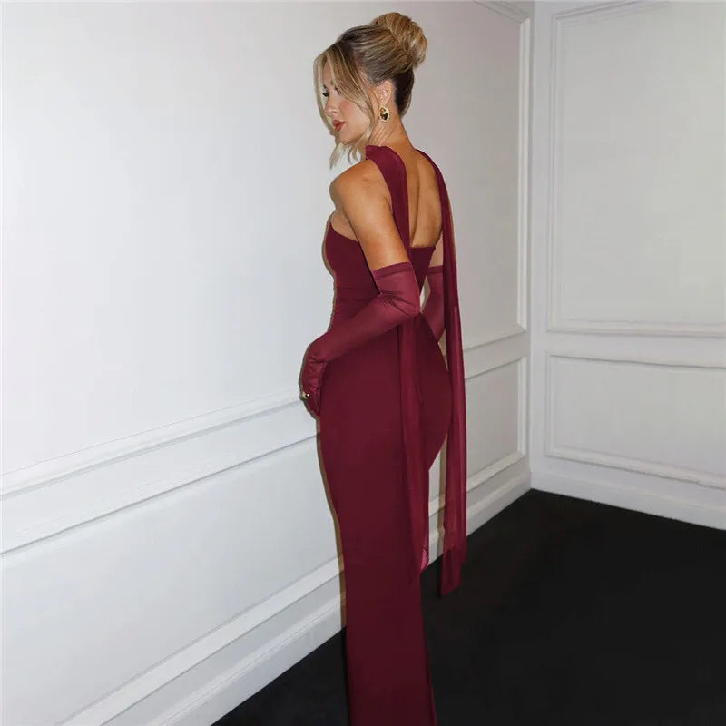 Strapless Ruched Waist Mesh Glove Bodycon Maxi Dress