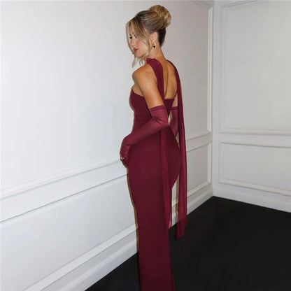 Strapless Ruched Waist Mesh Glove Bodycon Maxi Dress