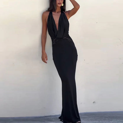 Halter Plunging V-Neck Draped Bust Lace Side Panel Bodycon Mermaid Maxi Gown