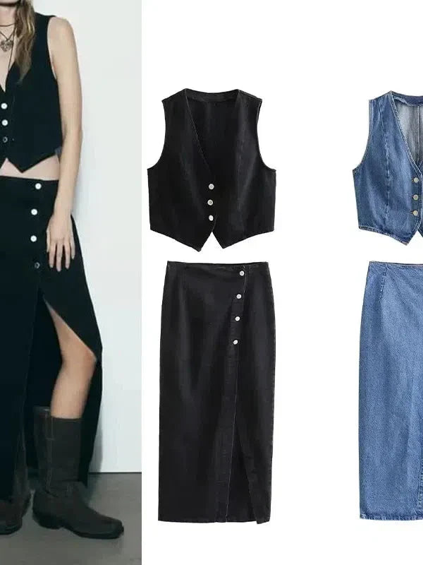 Denim Vest Waist Coat & Slit Skirt Coord Set