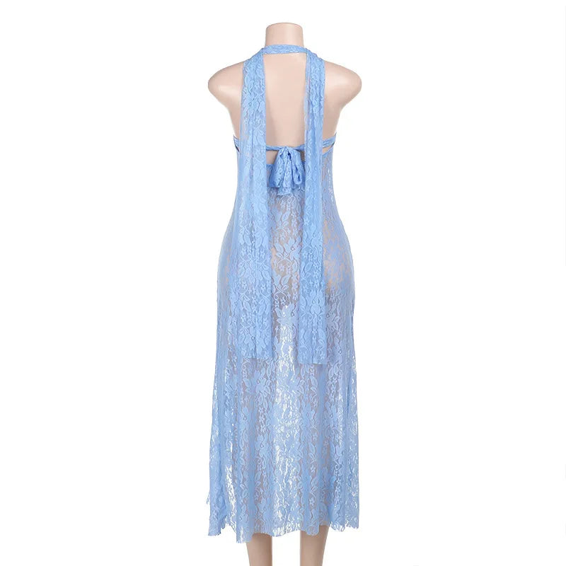 Sheer Lace Halter Neck Scarf Tie Open Back Side Slit Ruffle Hem Maxi Dress