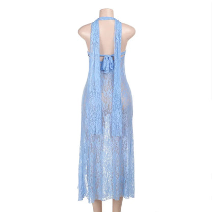 Sheer Lace Halter Neck Scarf Tie Open Back Side Slit Ruffle Hem Maxi Dress