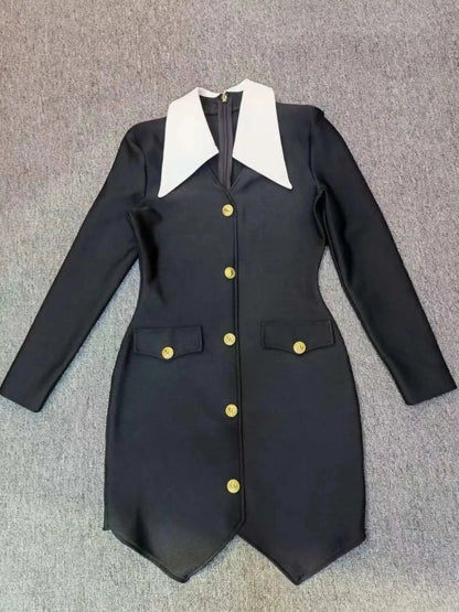 Contrast Collar Metal Button Flap Pocket Blazer Mini Dress
