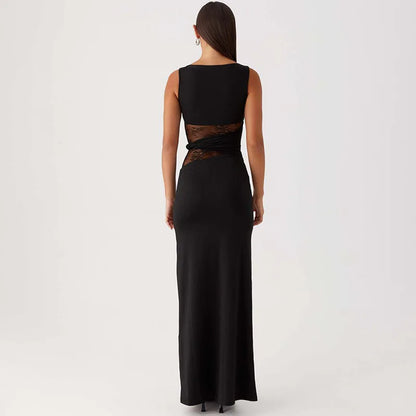 One Shoulder Lace Panel Waist Cutout Bodycon Maxi Dress