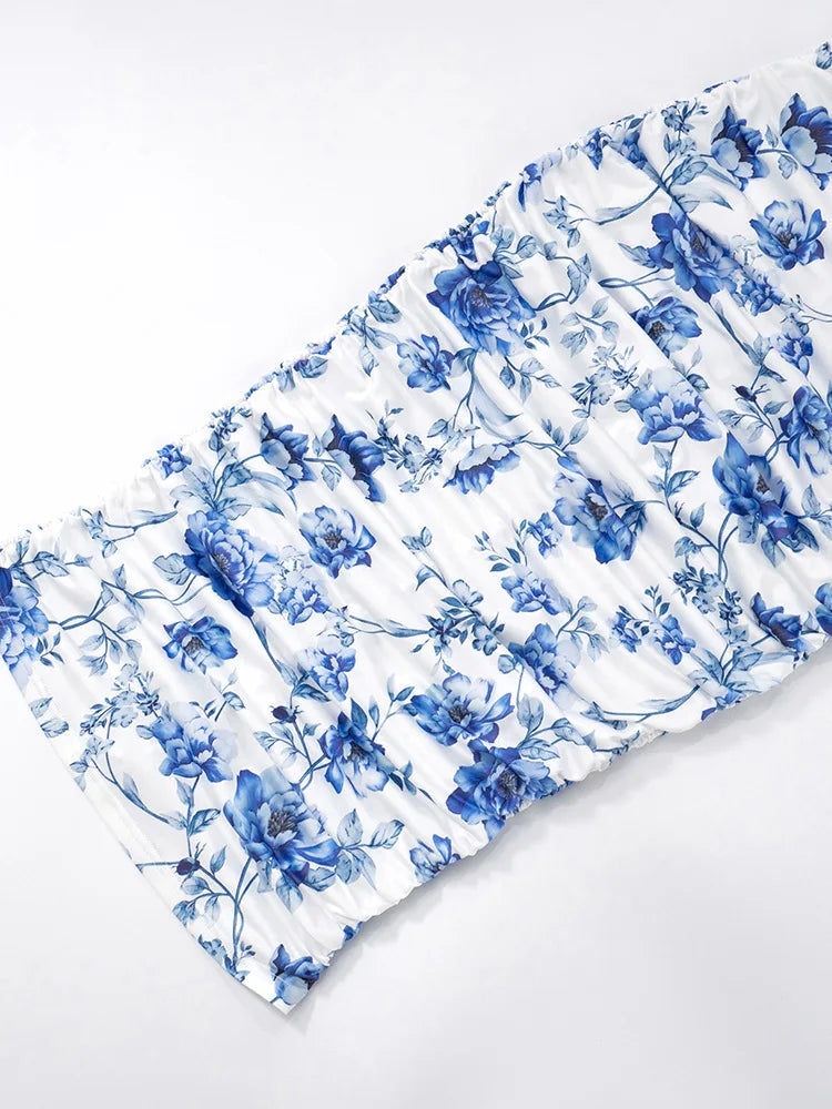 Floral Print Square Neck Tie Shoulder Strap All-Over Ruched Bodycon Midi Dress
