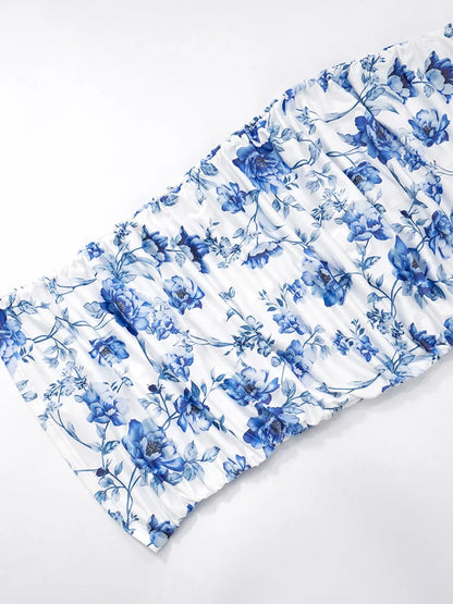 Floral Print Square Neck Tie Shoulder Strap All-Over Ruched Bodycon Midi Dress