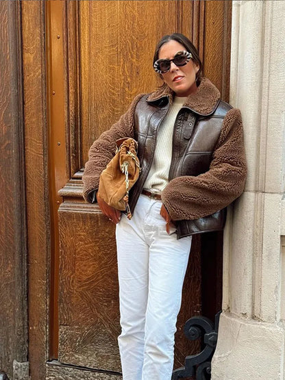 Vintage Zipper Patchwork Lamb Wool Leather Coats For Women Fashion Oversized Lapel Warm Jackets Lady High Street Outerwears