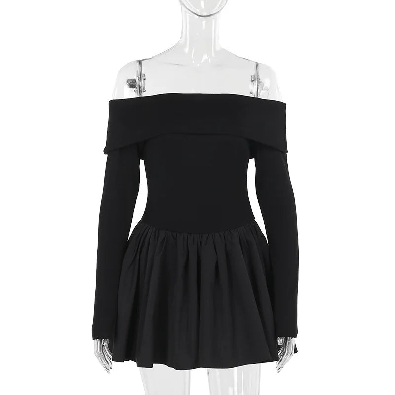 Off Shoulder Rib Knit Long Sleeve Pleated Skater Mini Dress