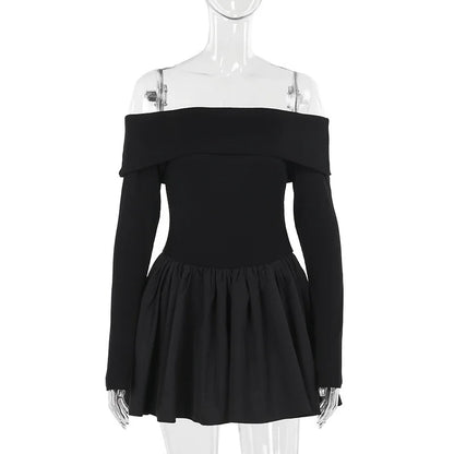 Off Shoulder Rib Knit Long Sleeve Pleated Skater Mini Dress