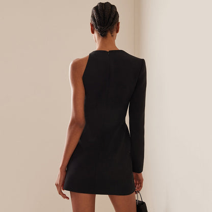 One Shoulder Single Sleeve Crystal Wave Cutout Mesh Insert High Slit Mini Dress