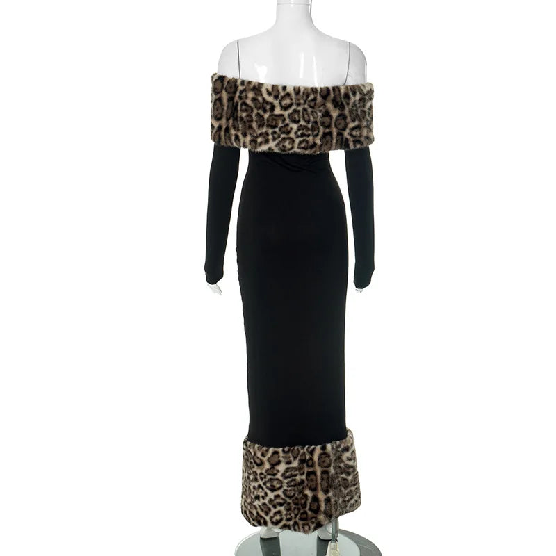 Off Shoulder Long Sleeve Faux Fur Trim Maxi Dress