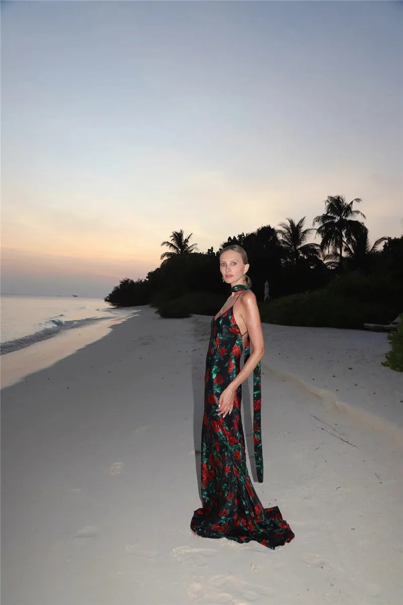 Print Halter Choker Spaghetti Strap Mermaid Maxi Dress