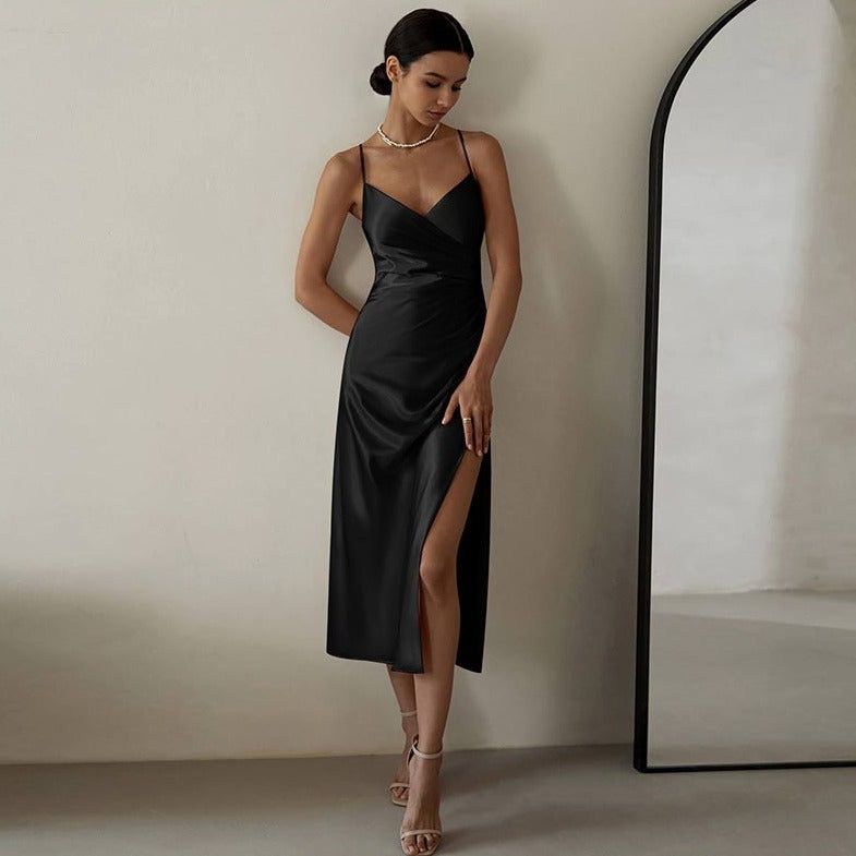 Satin Spaghetti Strap Draped Wrap Ruched Side Slit Midi Dress