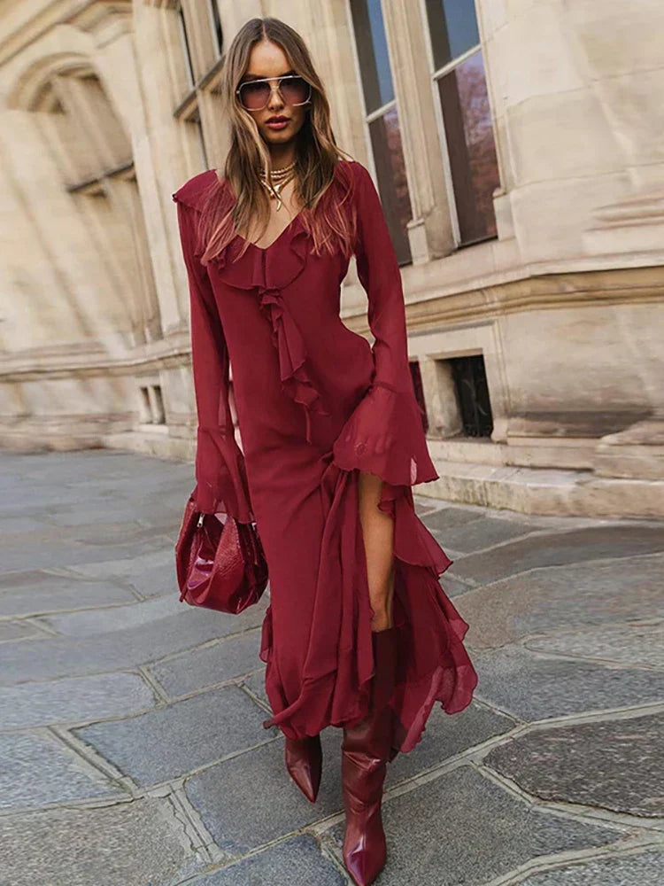Ruffle Trim Flare Sleeve Deep V Neck Maxi Dress
