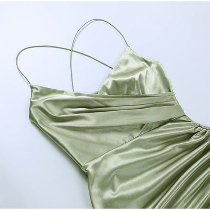Satin Spaghetti Strap Draped Wrap Ruched Side Slit Midi Dress