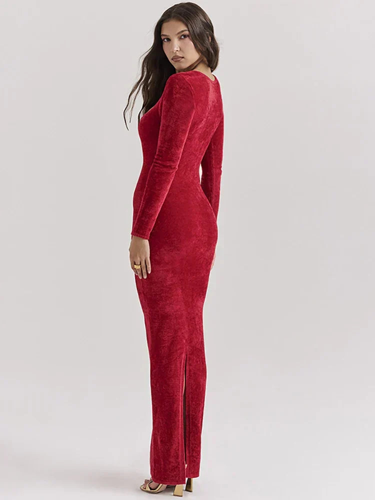 Deep V Sweetheart Long Sleeve Velvet Bodycon Maxi Dress