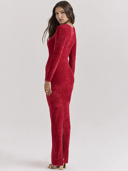 Deep V Sweetheart Long Sleeve Velvet Bodycon Maxi Dress
