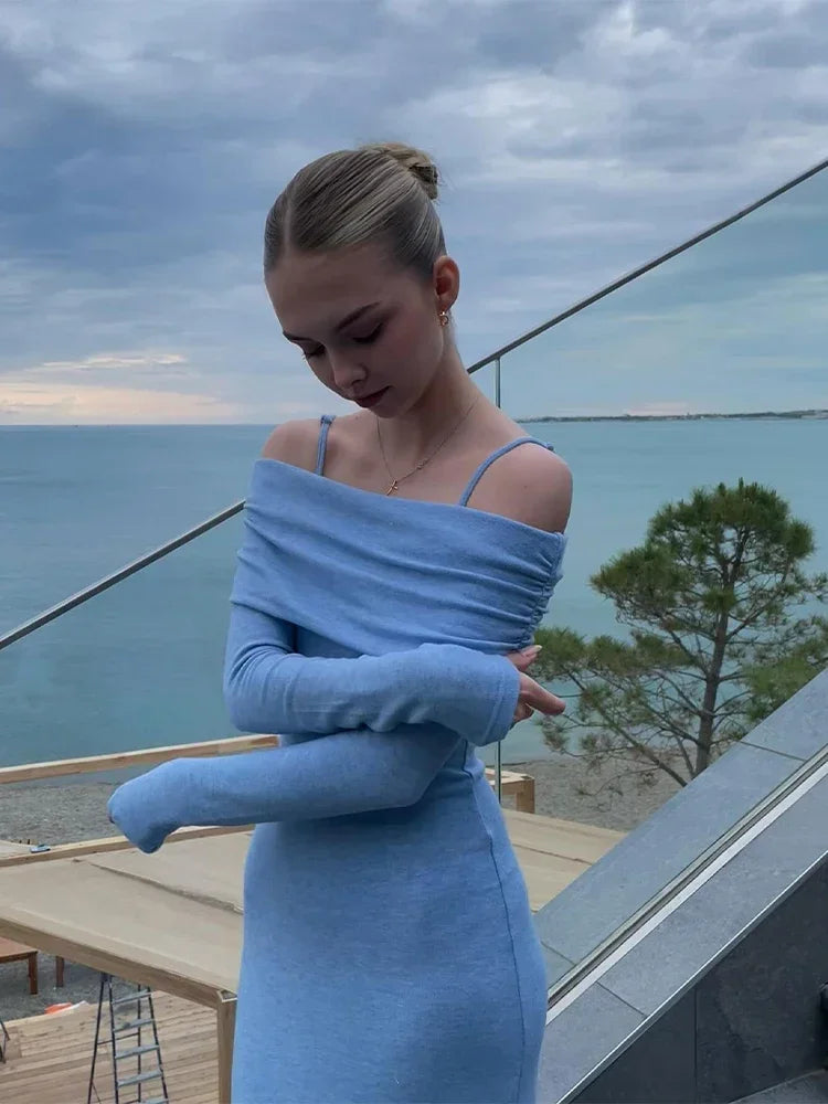 Elegant Solid Off Shoulder Long Dress Women Sexy Bodycon Full Sleeves Party Dresses 2024 Summer Autumn Slim Lady Casual Robes