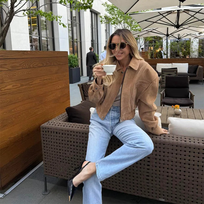 Elegant Camel Cropped Suede Jacket Women Lapel Full Sleeve Pocket Zipper Short Coat New Causal Autumn Lady Daily Streetwear 2025