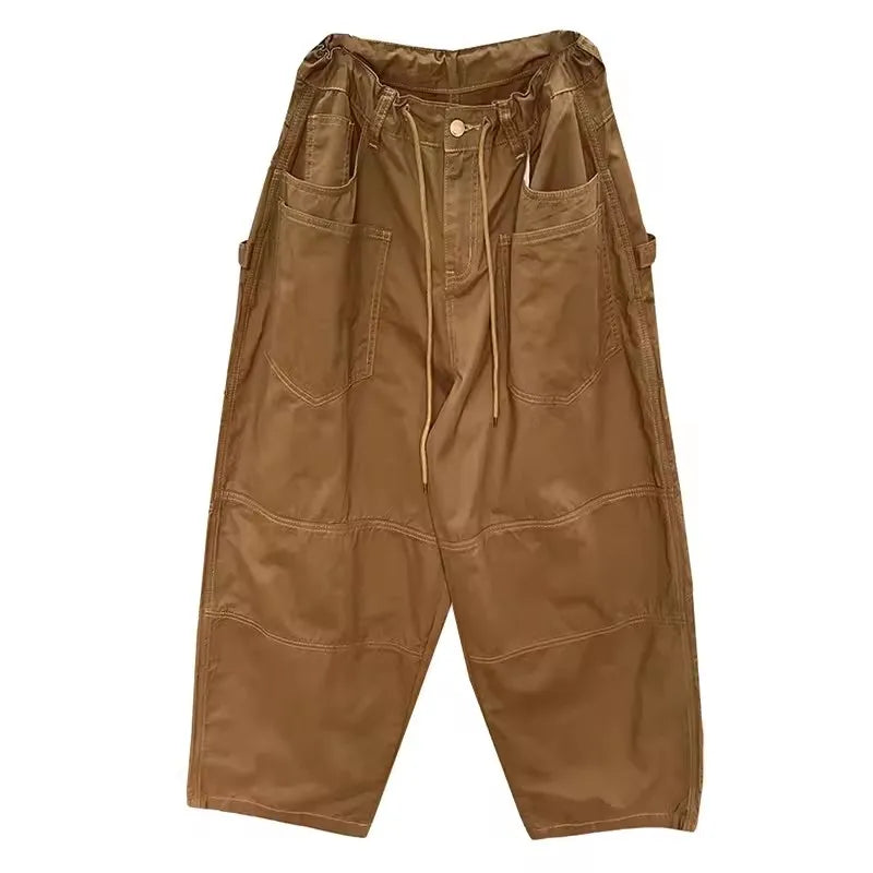 Women Plain Spliced Wide Leg Cargo Pants Big Pockets Drawstring Low Waist Loose Draped Sweatpants Lounge Casual Streetwear
