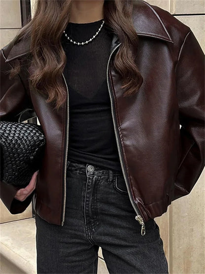 High Street Loose Female PU Coat Casual Zipper Slim High Waist Long Sleeve Patchwork Fashion Clothes Women Autumn Outwear