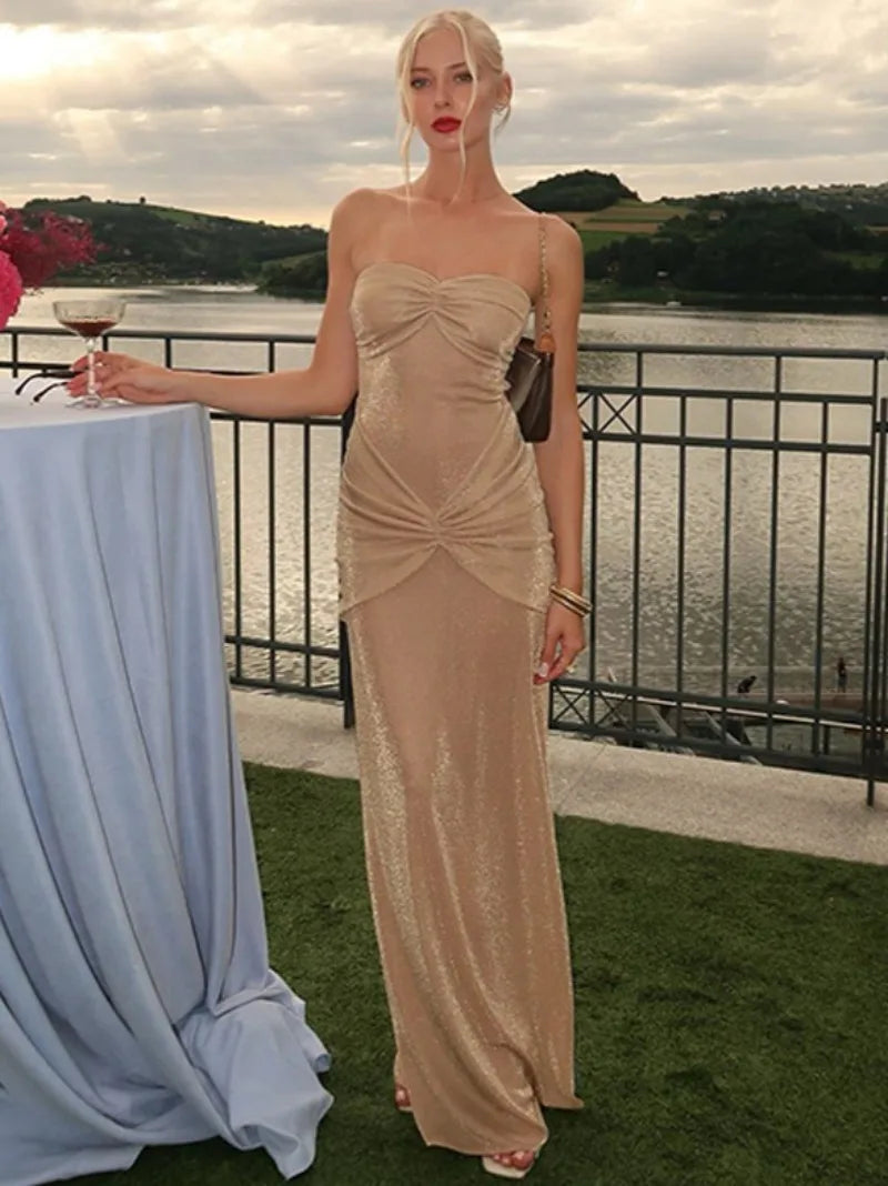 Elegant Strapless Long Maxi Mermaid Dress 2025 Women Sleeveless High Waist Ruched Backless Weddiing Party Evening Prom Dresses