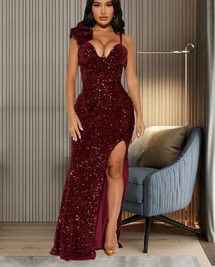 Sequin Sweetheart One Shoulder 3D Rosette High Slit Maxi Dress