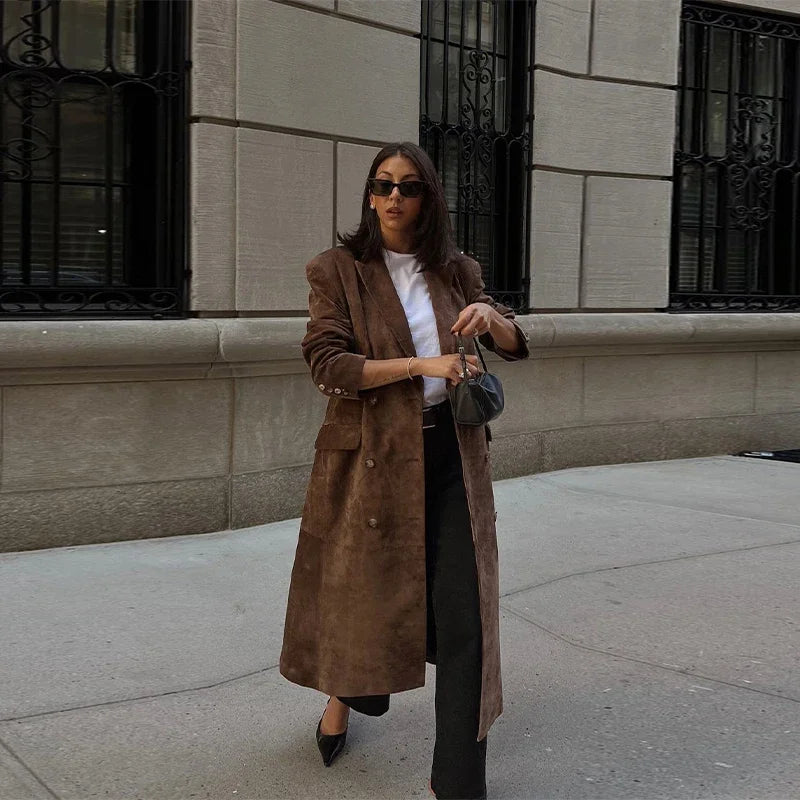 Casual Solid Long Women Streetwear Long Sleeve Turn-down Collar Double Breasted Female Coat 2025 Autumn Fashion Lady Jacket New