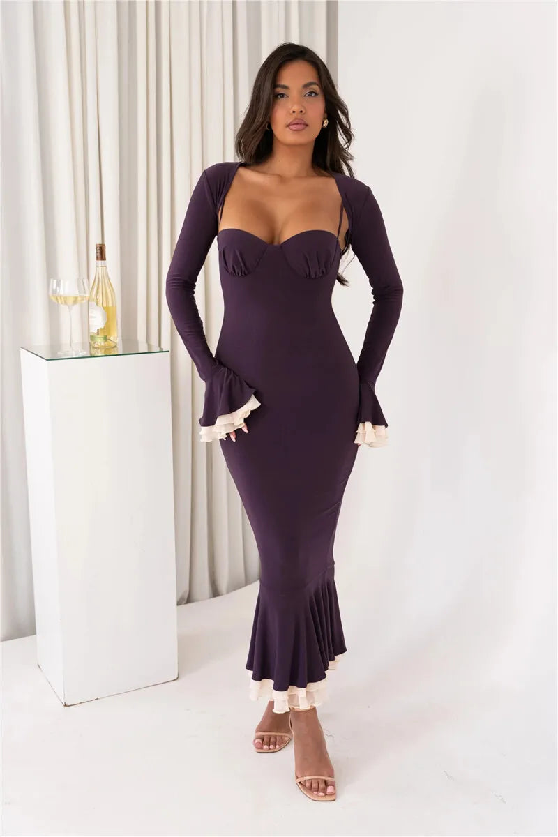 Spaghetti Strap Sweetheart Bolero Bell Sleeve Ruffle Fishtail Midi Dress