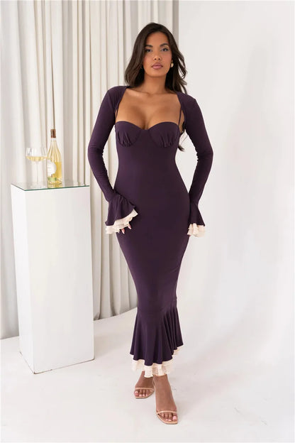 Spaghetti Strap Sweetheart Bolero Bell Sleeve Ruffle Fishtail Midi Dress