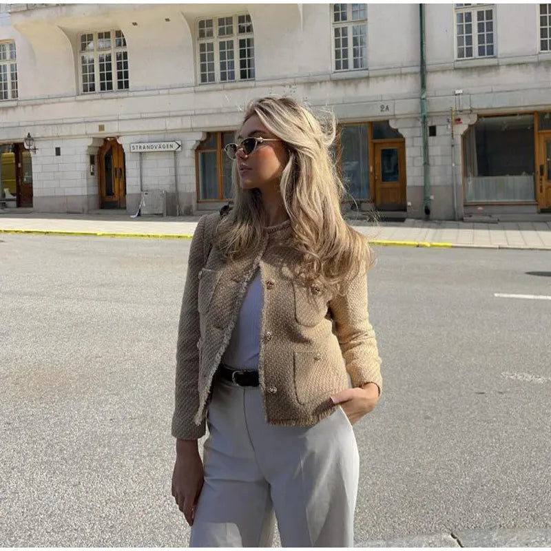 Fashion O-neck Pockets Short Coats For Women Autumn Long Sleeve Single Breasted Tweed Jacket New Chic Cropped Coats Female