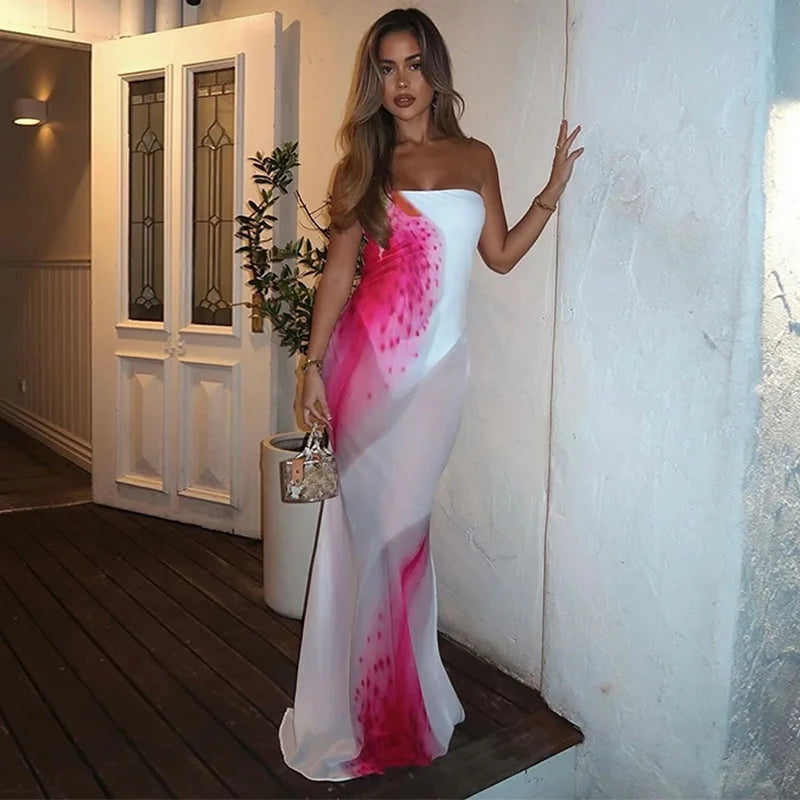 Strapless Mesh Overlay Abstract Graphic Print Bodycon Maxi Dress