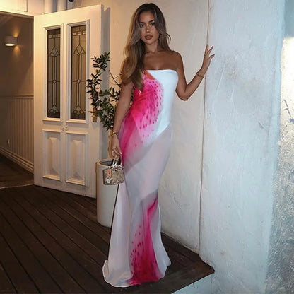Strapless Mesh Overlay Abstract Graphic Print Bodycon Maxi Dress