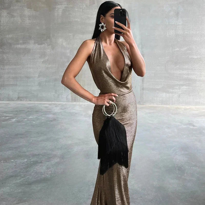 Halter Deep V Neck Metallic Shimmer Fishtail Maxi Gown