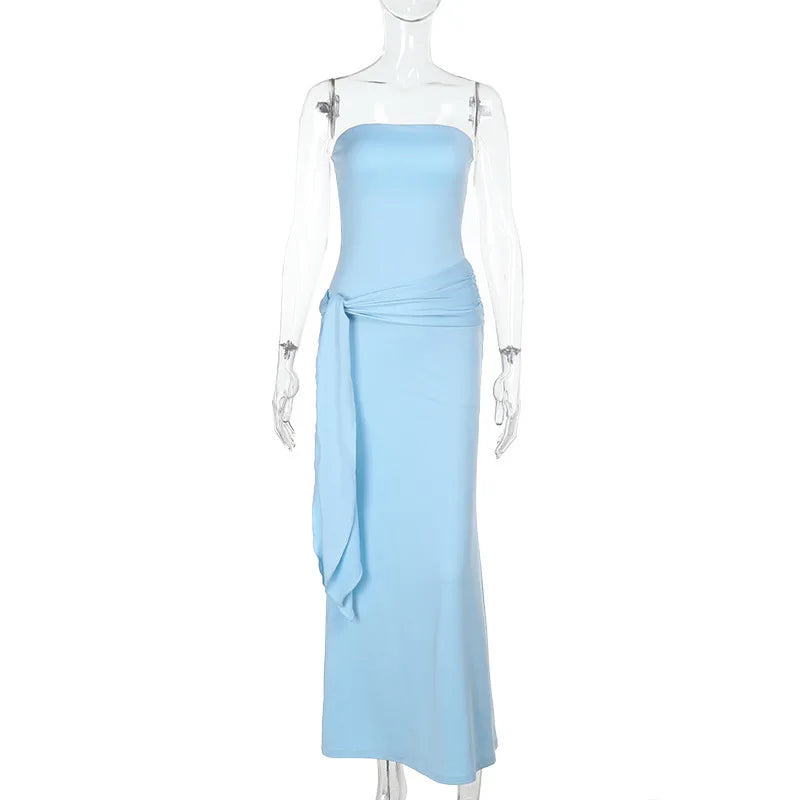 Strapless Ruched Waist Side Tie Bodycon Maxi Dress