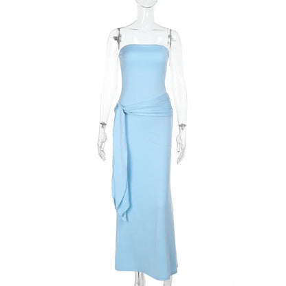 Strapless Ruched Waist Side Tie Bodycon Maxi Dress