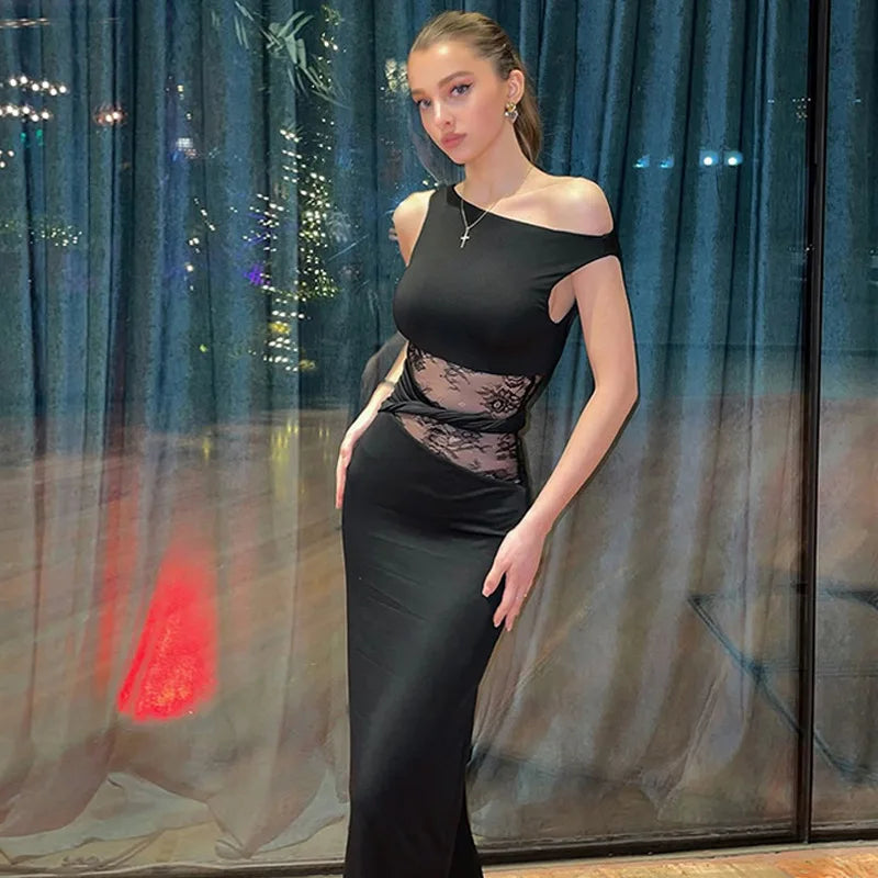 One Shoulder Lace Panel Waist Cutout Bodycon Maxi Dress