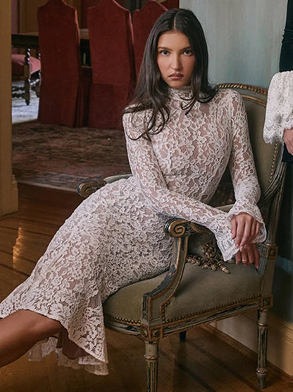 Floral Lace High Neck Long Sleeve Bodycon Midi Dress