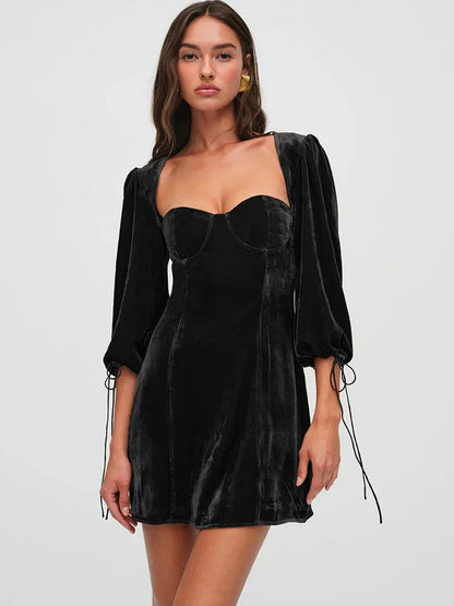 Velvet Puff Sleeve Tie Cuff Open Back Buckle Strap Mini Dress
