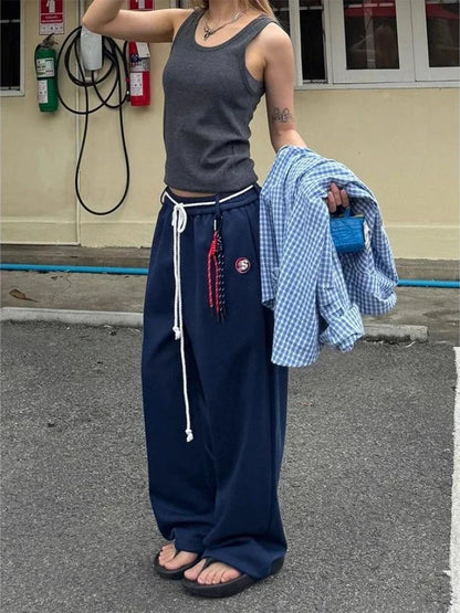 Y2k Kpop Oversized Sweatpants Women Vintage Wdie Leg Trousers with Belt Gyaru Streetwear Korean Fashion Baggy Joggers