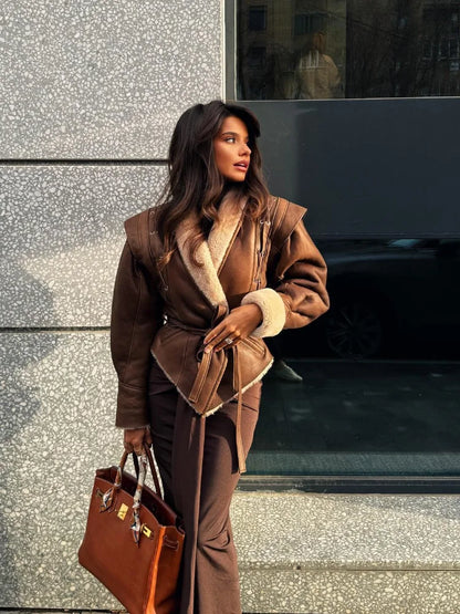 Fashion Warm Furry Leather Woman Jacket With Belt Chic Lapel Long Sleeve Motorcycle Coat Lady 2024 Winter High Street Outerwear