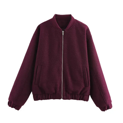 Casual Zipper Long Sleeve O-neck Coat for Women Spring New Solid Loose Female Jacket Vintage Ladies Outwear Top High Street
