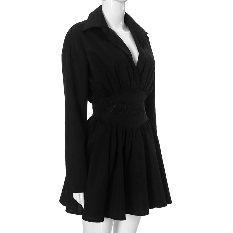 Point Collar Deep V Embroidered Waist Pleated Skater Mini Dress