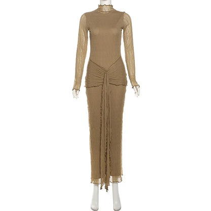 Mock Neck Long Sleeve Textured Knit Waist Tie Two Piece Set