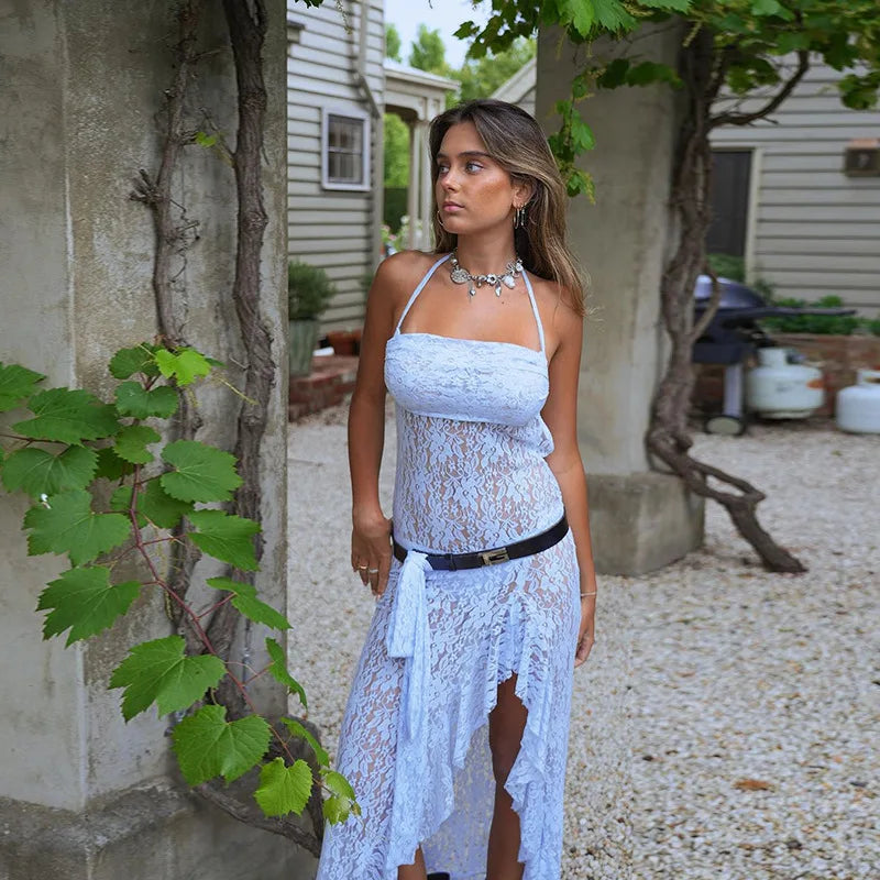 Sheer Lace Halter Neck Scarf Tie Open Back Side Slit Ruffle Hem Maxi Dress