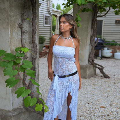 Sheer Lace Halter Neck Scarf Tie Open Back Side Slit Ruffle Hem Maxi Dress