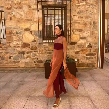 Strapless Tube Choker Sheer Overlay High Slit Maxi Dress